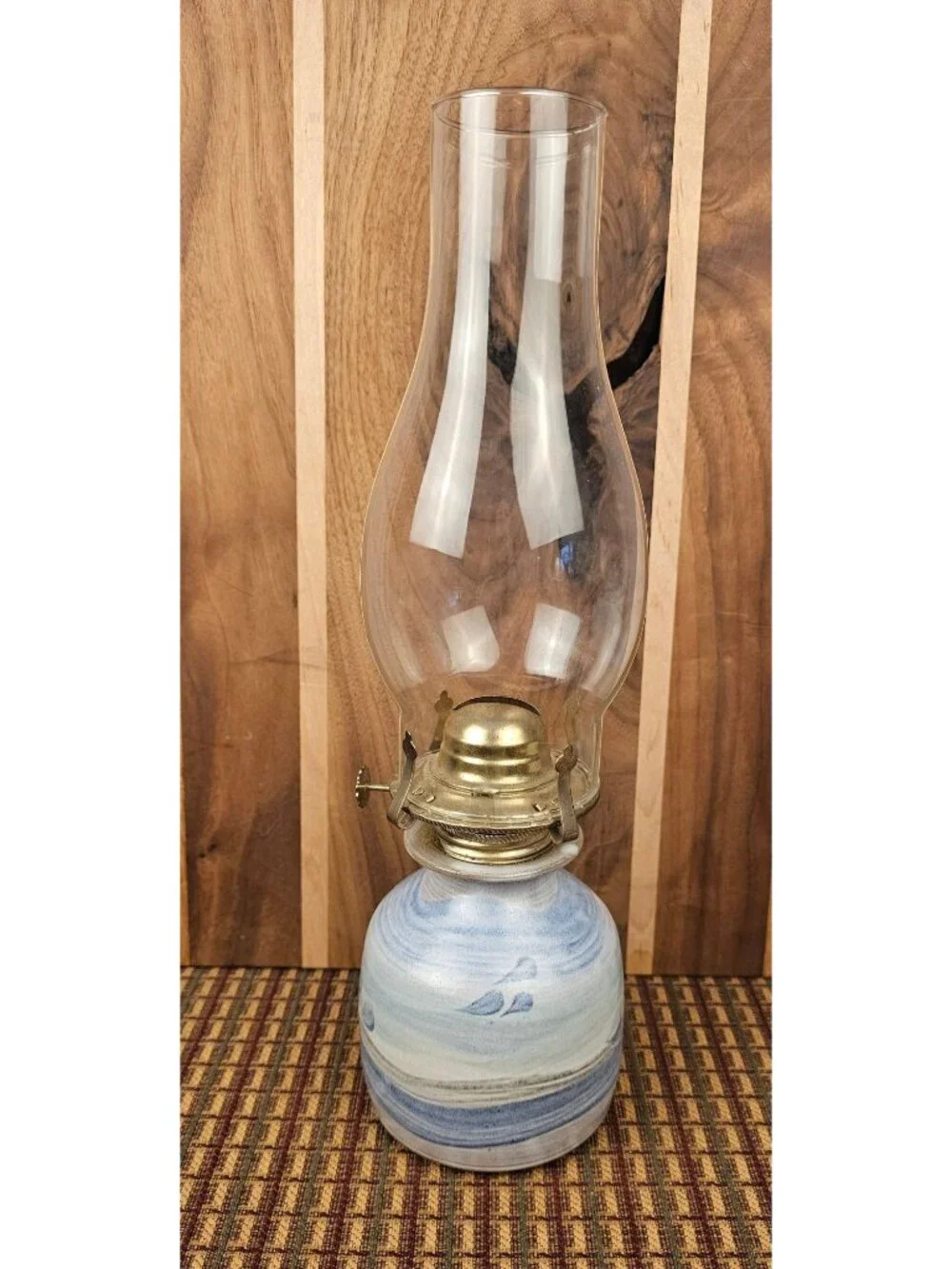 Vintage Ceramic Oil Lamp With Hand-Painted Blue Design & Glass Chimney - 12